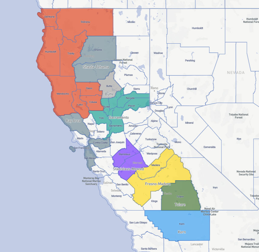 Full Assessment Area Map of California showing lines wrapped around 9 counties in California