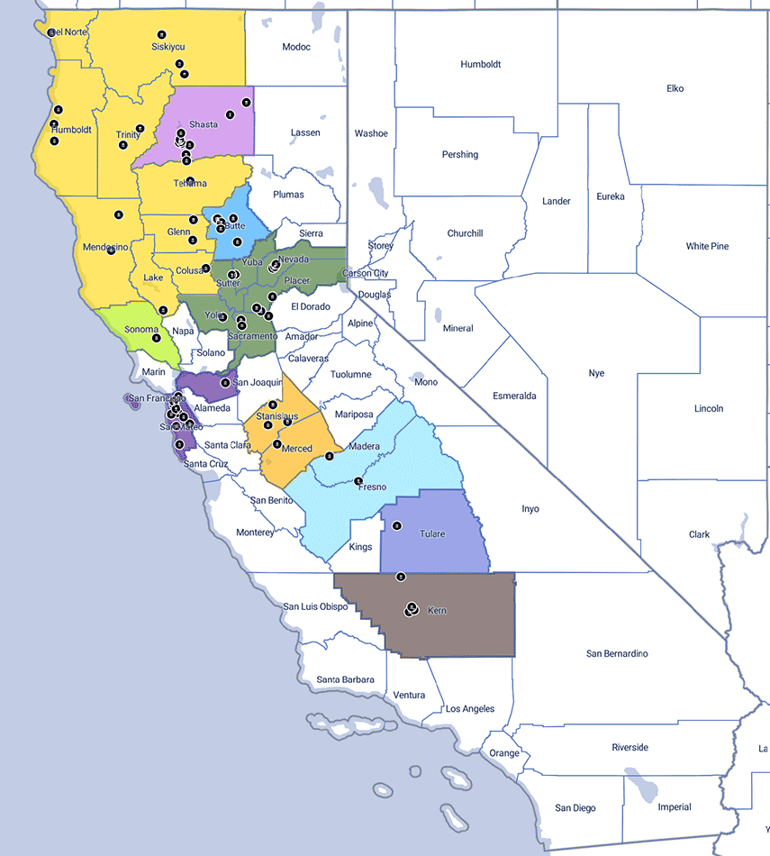Full Assessment Area Map of California showing lines wrapped around 10 counties in California