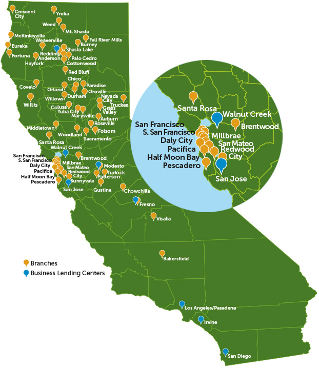 Map of Tri Counties Bank locations in the Bay Area and throughout California 