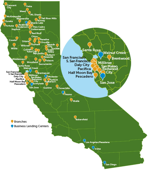 Map of Tri Counties Bank locations in the Bay Area and throughout California