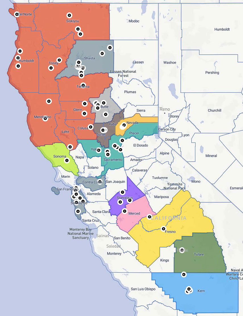 Full Assessment Area Map of California showing lines wrapped around 9 counties in California