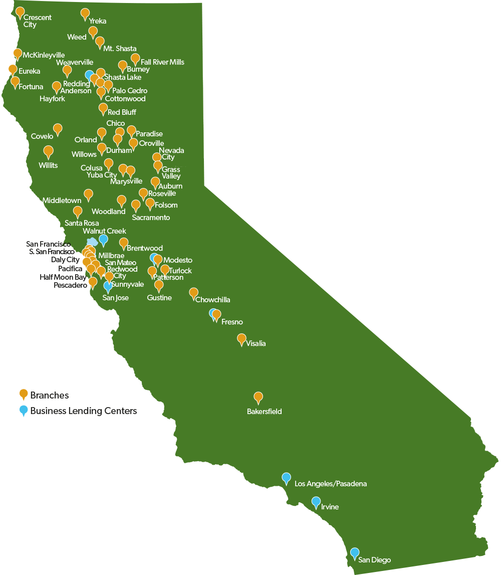         Map of Tri Counties Bank locations throughout California     