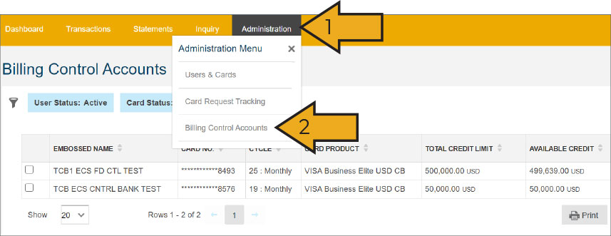 Administration dashboard display: Billing COntrol Accounts
