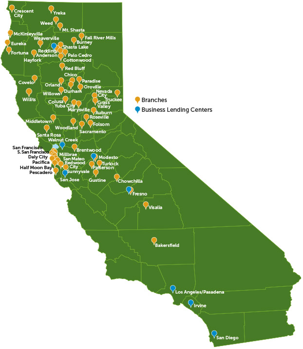 Map of Tri Counties Bank Locations in Southern California and throughout California