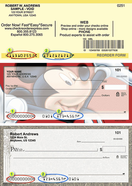 Check examples showing Routing and Transit number in bottom left corner, and account number towards the bottom right.