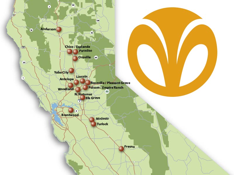 A map of northern California showing pins on new branch locations