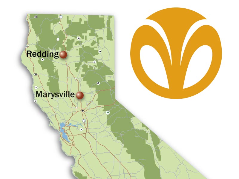 A map of California showing pins on Marysville and Redding